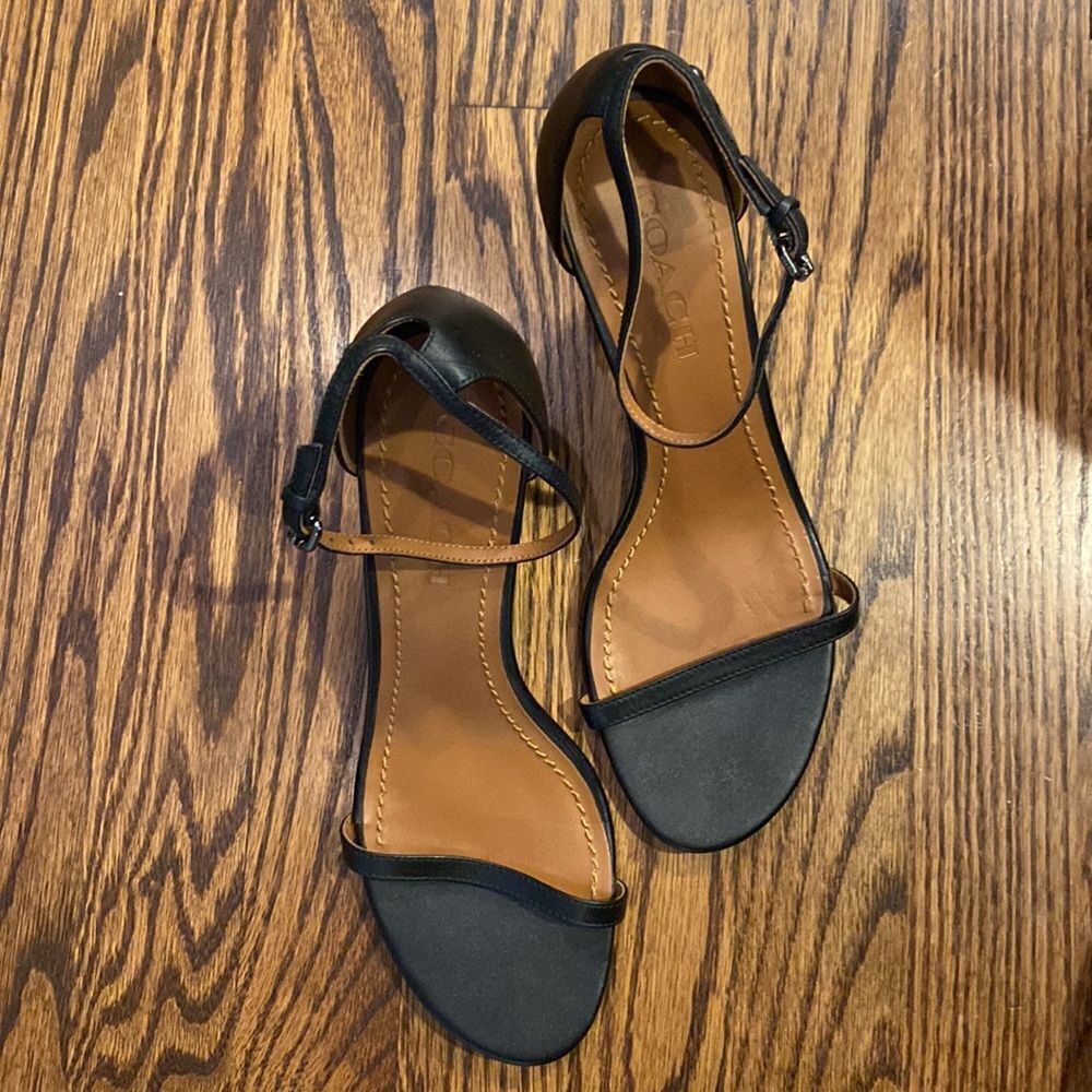 Coach Women’s 9 Black Heel Sandals Ankle Strap Faux Leather - Picture 2 of 7